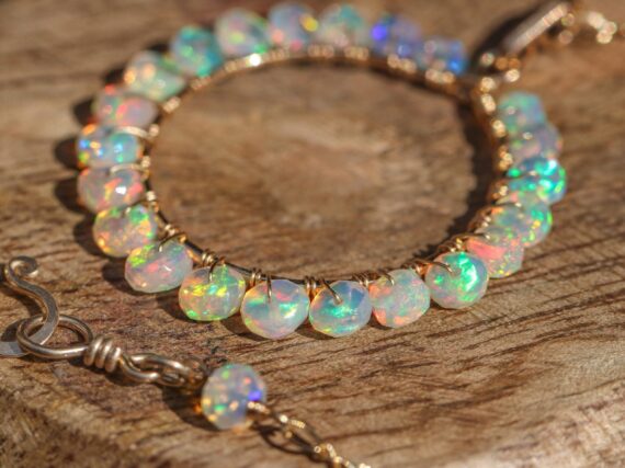 Ethiopian Opal Wire Wrapped Gemstone Hoop Pendant in Gold Filled