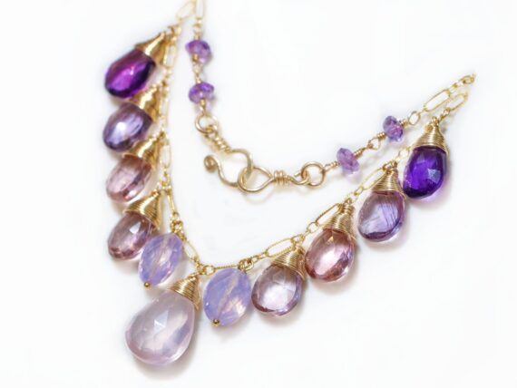 Pink Purple Gemstone Necklace in Gold Filled with Rose Quartz, Pink Topaz and Amethyst