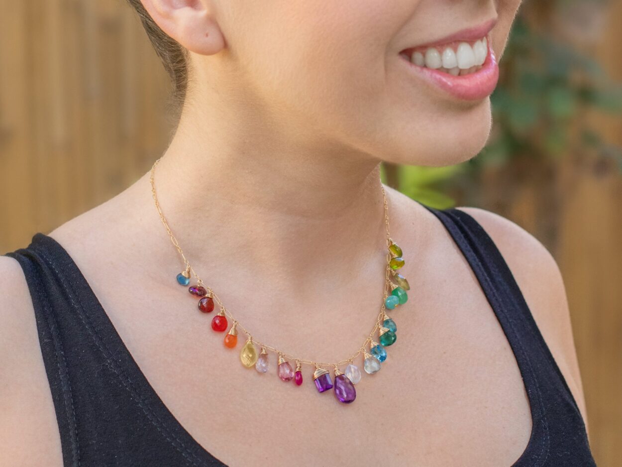 The Fancy Day Necklace - Rainbow Multi Gemstone Necklace in Gold Filled,  Precious Drop Necklace