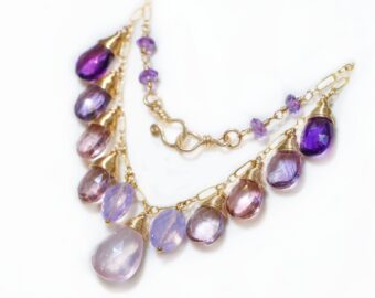 Solid Gold 14K Pink Purple Gemstone Necklace with Rose Quartz, Pink Topaz and Amethyst