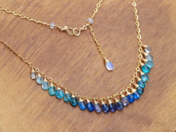 Solid Gold 14K Blue Gemstone Gradated Necklace with Kyanite, Aquamarine and Topaz