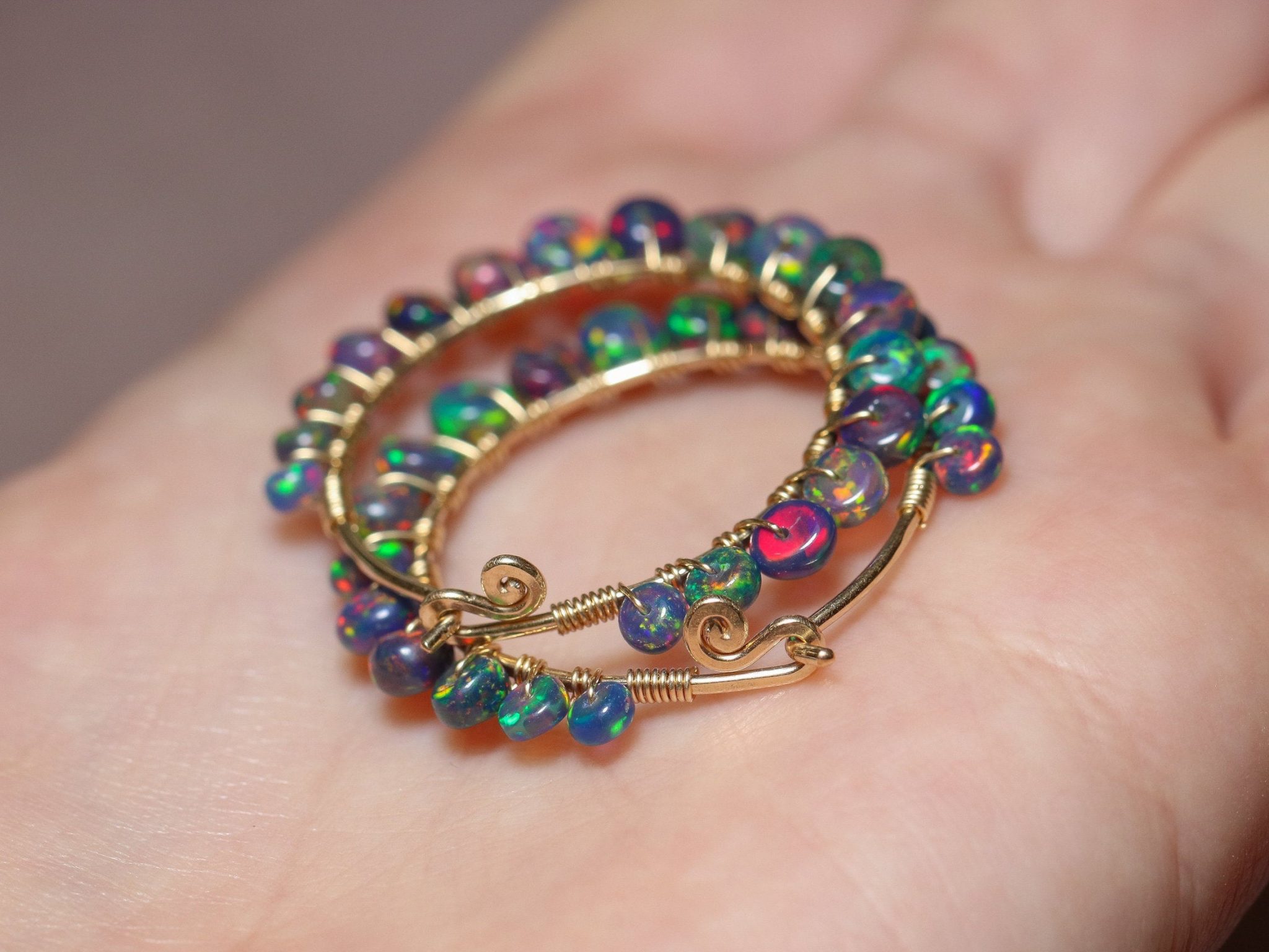 Black Opal Wire Wrapped Gemstone Hoop Earrings in Gold Filled Valltasy