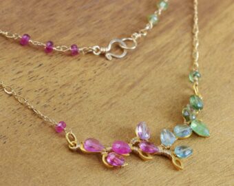 Pink Tourmaline, Green and Teal Blue Tourmaline Gold Bar Necklace, Unique Wire Wrapped Tourmaline Branch Tree Bar Necklace