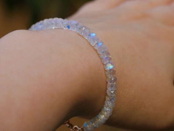 Solid Gold 14K Rainbow Moonstone Blue Fire Bracelet