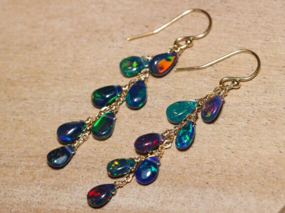 Solid Gold 14K Black Opal Dangle Drop Earrings, Long Dangle Opal Earrings