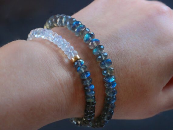 Solid Gold 14K Labradorite and Rainbow Moonstone Blue Fire Bracelet
