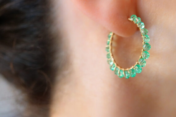 Solid Gold 14K Emerald Hoop Earrings, Colombian Emerald Earrings