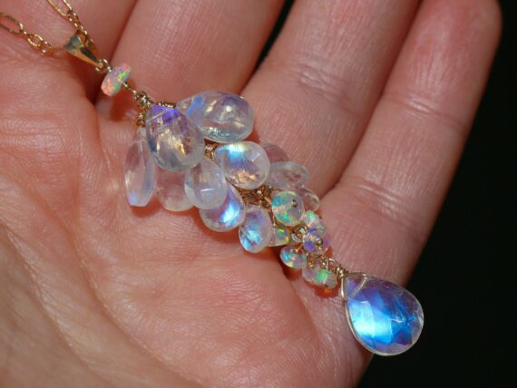 Solid Gold 14K Rainbow Moonstone and Welo Ethiopian Opal Pendant, Cascade Statement Necklace