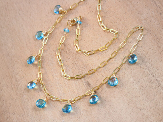 Solid Gold 14K Swiss Blue Topaz Precious Gemstone Necklace