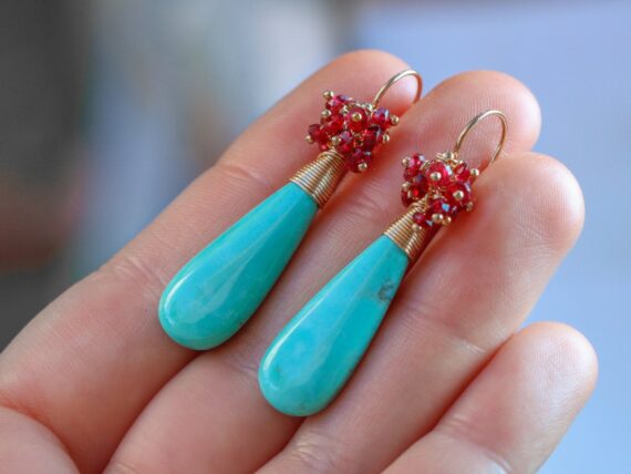 Turquoise with Red Spinel Gemstone Cluster Earrings, One of a Kind