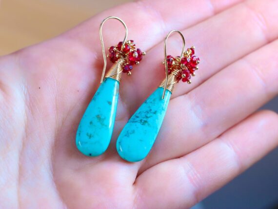 Turquoise with Red Spinel Gemstone Cluster Earrings, One of a Kind