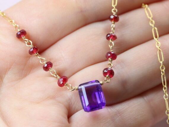Amethyst and Red Spinel Wire Wrapped Rosary Necklace