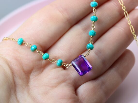 Solid Gold 14K Amethyst and Turquoise Wire Wrapped Rosary Necklace