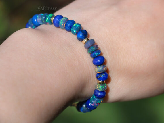Blue Black Opal and Lapis Lazuli Bracelet, Genuine Ethiopian Opal Bracelet