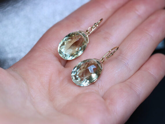 Solid Gold 14K Genuine Green Amethyst Oval Earrings
