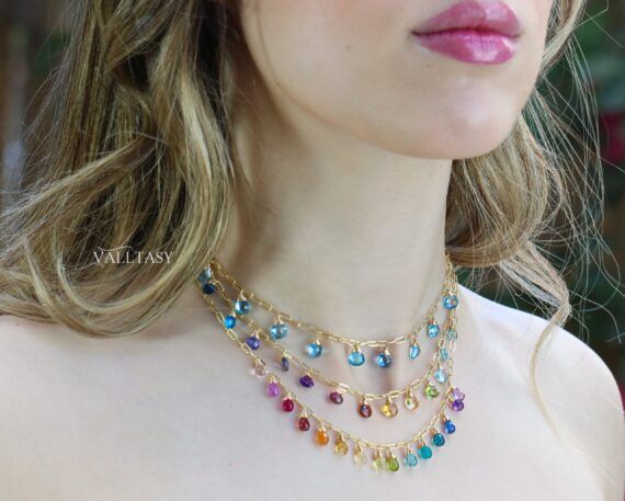 Rainbow Precious Drop Gemstone Necklace, Colorful Necklace with a Paperclip Chain