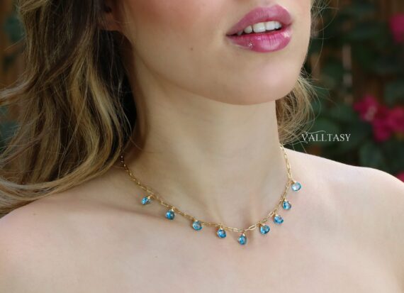 Solid Gold 14K Swiss Blue Topaz Precious Gemstone Necklace