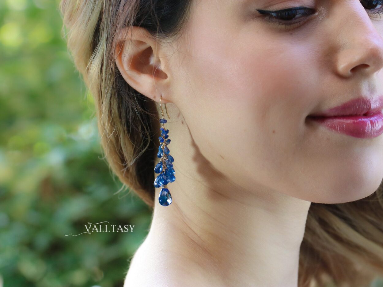 Blue Kyanite Earrings SOLID GOLD 14K Long Blue Earrings Elegant Blue Bridal Gemstone Earrings Statement Earrings Blue Sapphire Earrings 14K