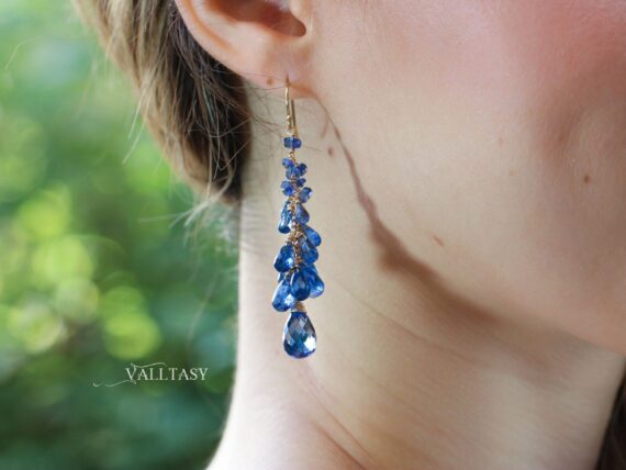 Solid Gold 14K Blue Kyanite Earrings, Blue Long Cluster Gemstone Earrings