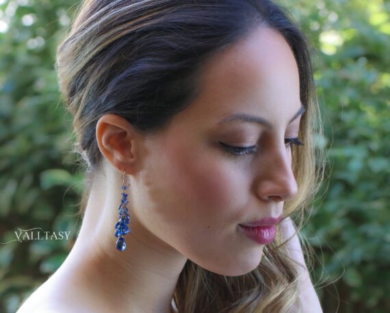 Solid Gold 14K Blue Kyanite Earrings, Blue Long Cluster Gemstone Earrings