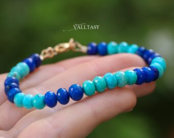 Solid Gold 14K Turquoise and Lapis Lazuli Gemstone Bracelet