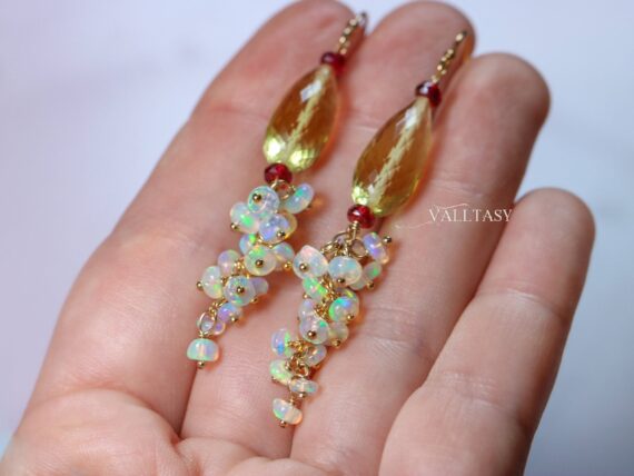 Ethiopian Opal and Lemon Quartz Earrings, Long Dangle Earrings, Limited Edition