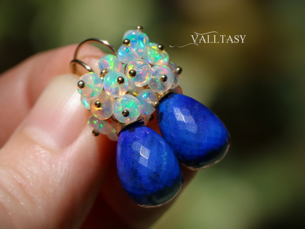 14k Yellow Gold Filled Ethiopian Opal and Lapis Lazuli Cluster Dangle Earrings
