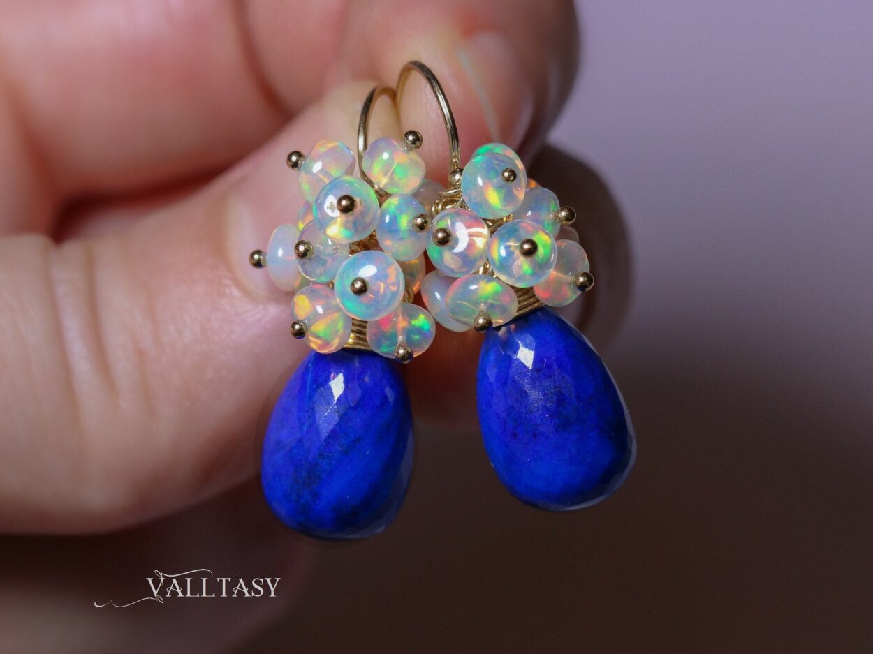 14k Yellow Gold Filled Ethiopian Opal and Lapis Lazuli Cluster Dangle Earrings