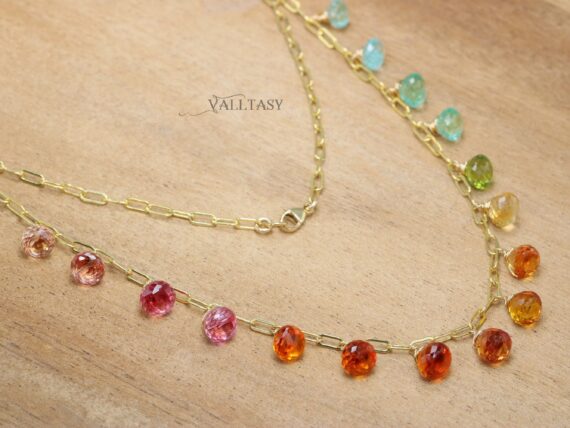 Solid Gold 14K Multi Gemstone Necklace, Precious Drop Candy Necklace