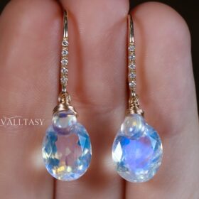 The Diamond Halo Earrings – Solid Gold 14K Diamond Oval Rainbow Moonstone Earrings