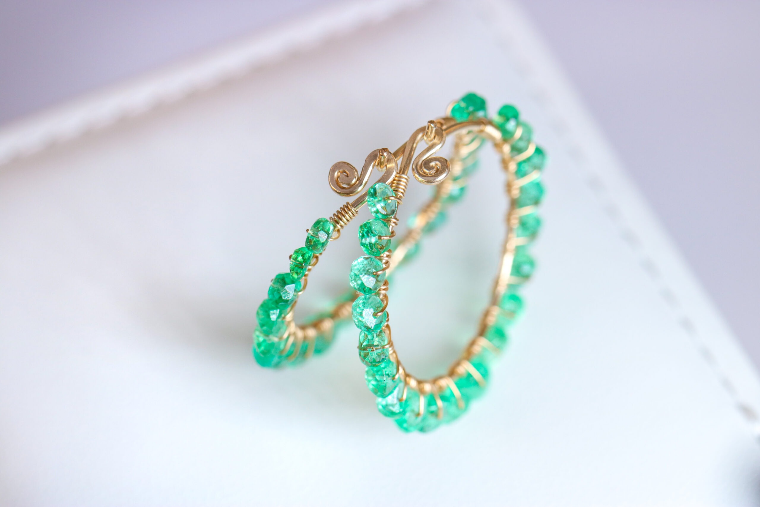 The Esmeralda Earrings – Solid Gold 14K Emerald Hoop Earrings, Colombian Emerald Earrings, 1 inch
