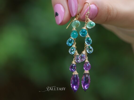 Solid Gold 14K Aqua Blue Purple Gemstone Dangle Earrings with Amethyst and Topaz