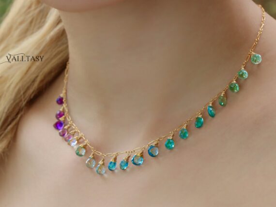 Aqua Blue Purple Gemstone Drop Necklace, Statement Semi Precious Stone Necklace