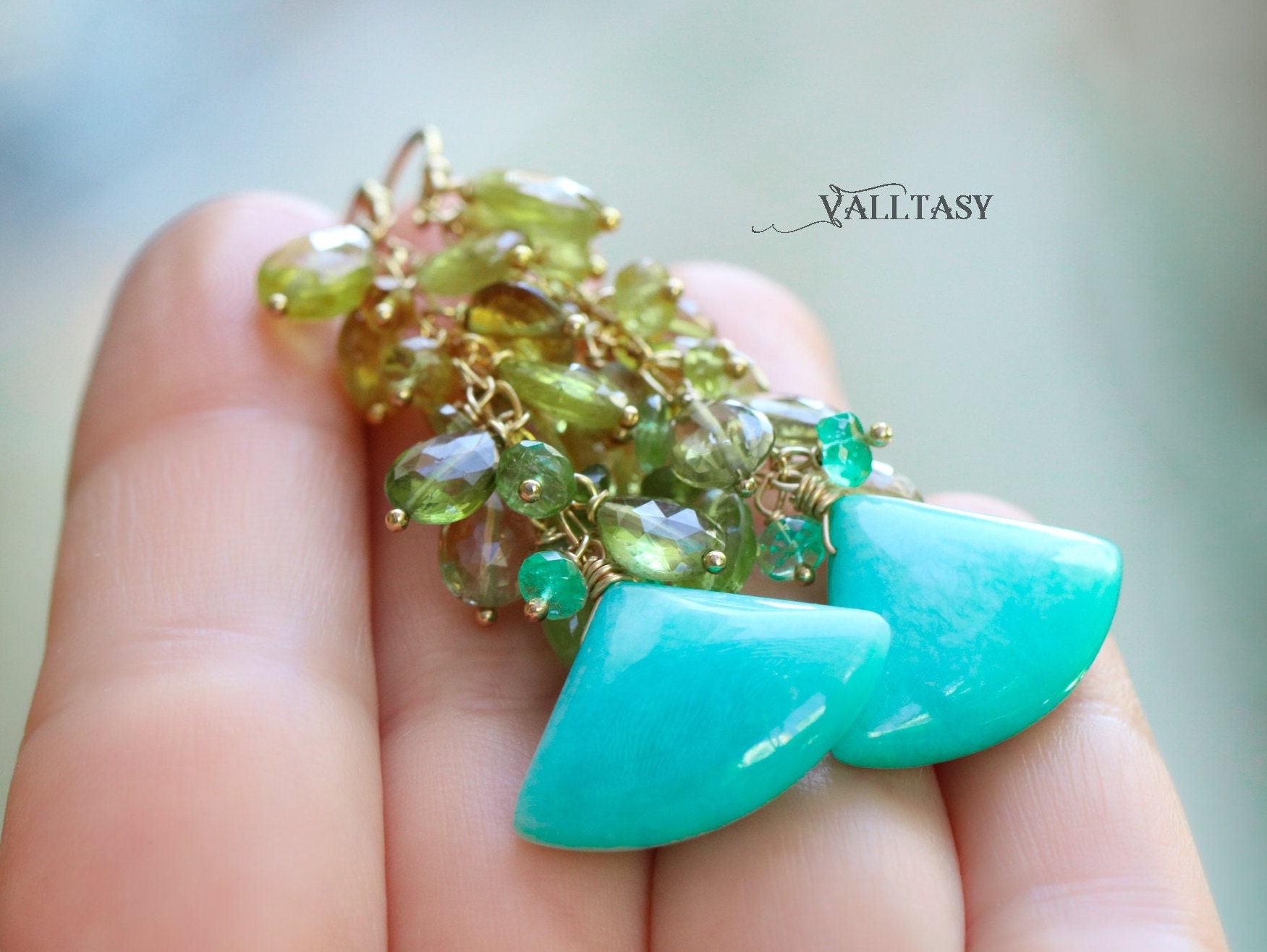 Green Tourmaline, Emeralds and Aqua Amazonite Gemstone Earrings in Gold Filled