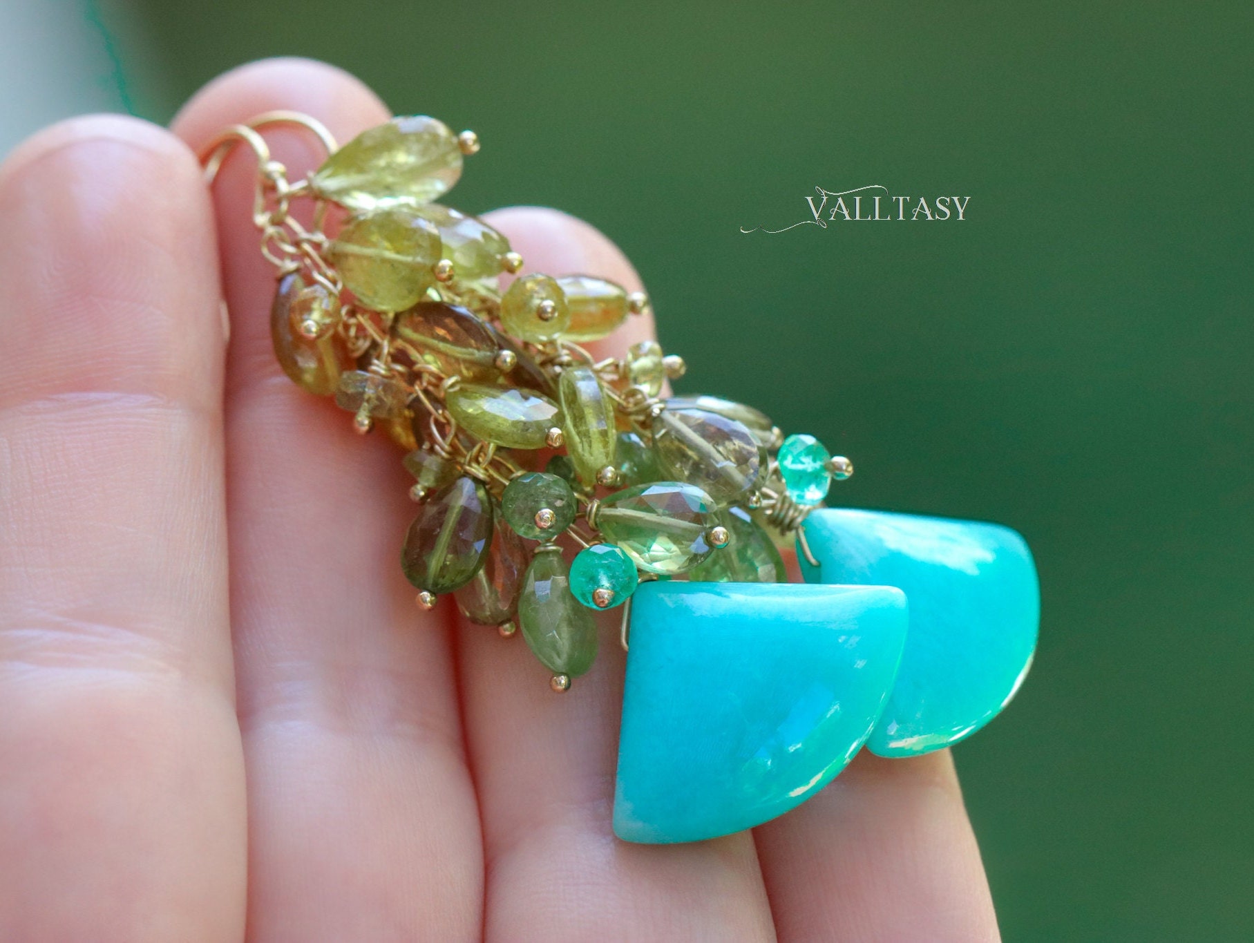 Green Tourmaline, Emeralds and Aqua Amazonite Gemstone Earrings in Gold Filled