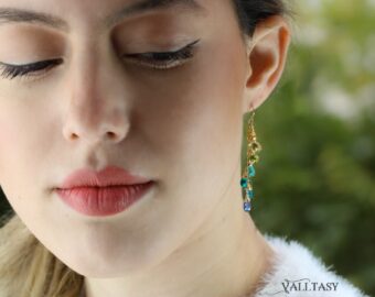 Solid Gold 14K Multi Gemstone Aqua Blue Drop Earrings, Linear Gemstone Earrings