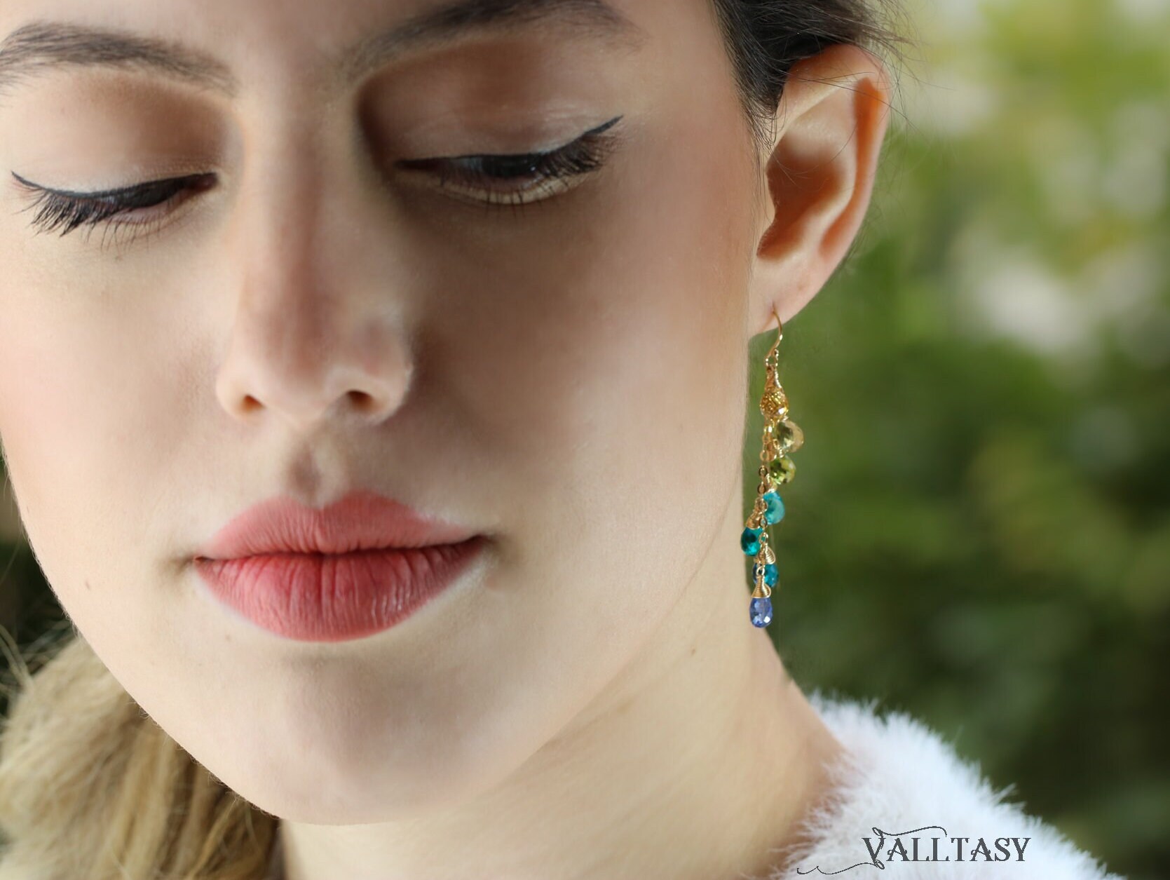Solid Gold 14K Multi Gemstone Aqua Blue Drop Earrings, Linear Gemstone Earrings