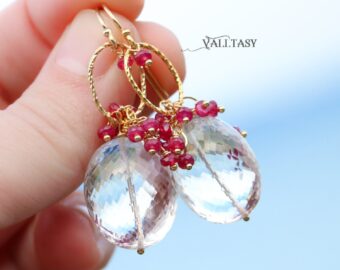 Rock Crystal Quartz and Red Ruby Earrings, Gemstone Earrings in Gold Filled