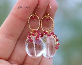 Rock Crystal Quartz and Red Ruby Earrings, Gemstone Earrings in Gold Filled, One of a Kind