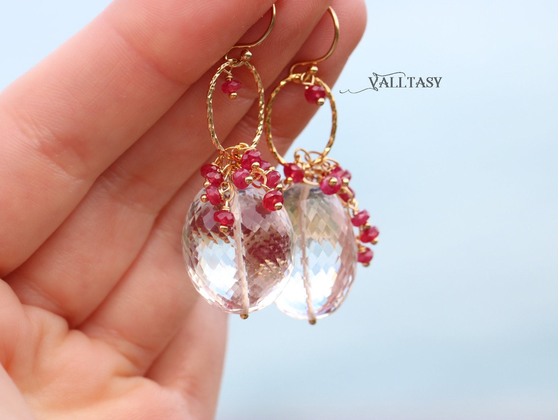 Rock Crystal Quartz and Red Ruby Earrings, Gemstone Earrings in Gold Filled
