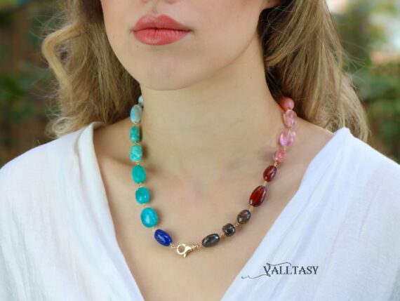 Solid Gold 14K Colorful Nugget Necklace, Statement Necklace with Large Gemstones, One of a Kind