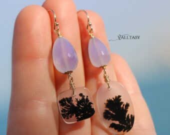 Solid Gold 14K Dendritic Agate and Lavender Quartz Earrings, One of a Kind