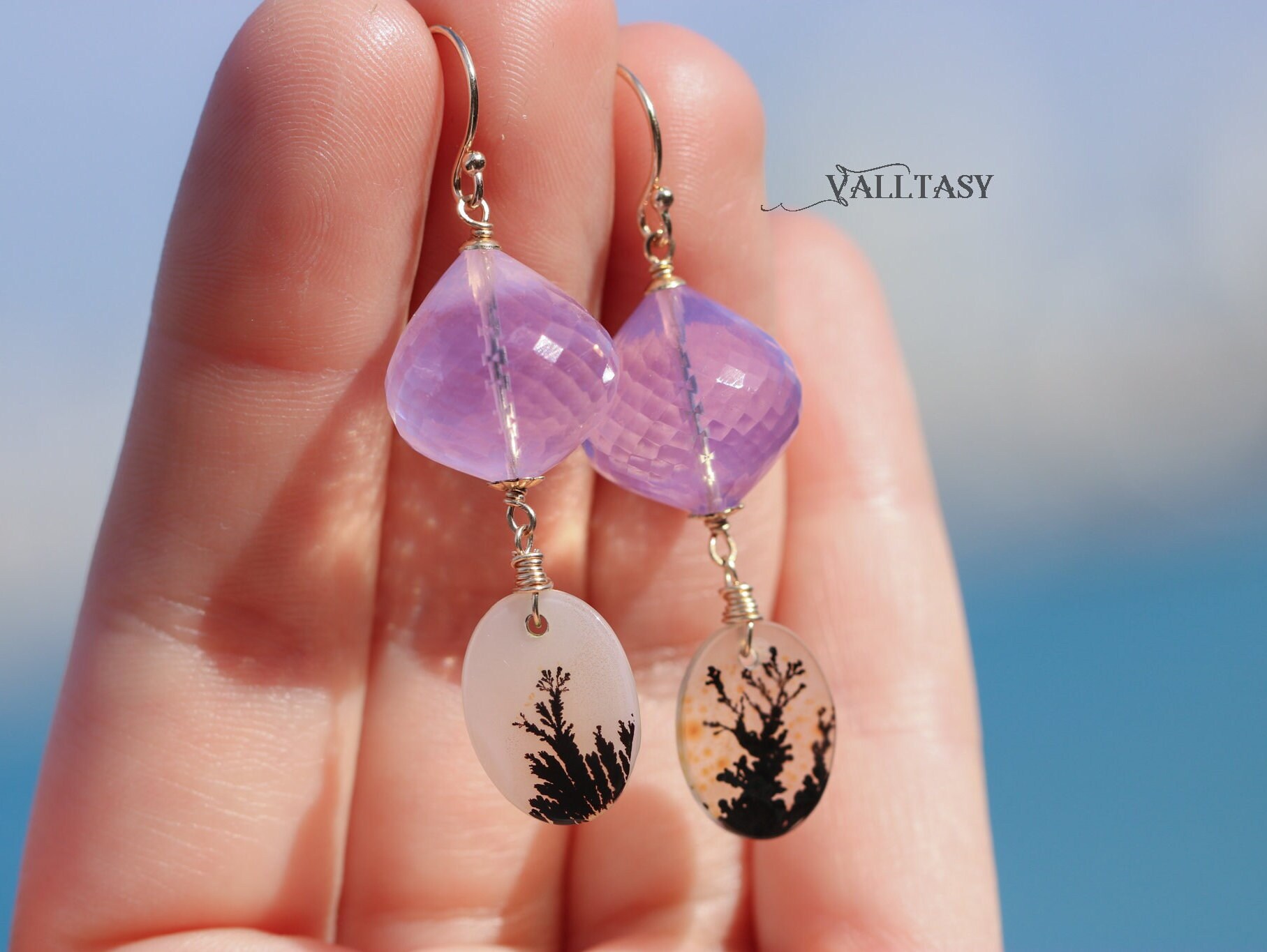 Solid Gold 14K Dendritic Agate and Lavender Quartz Earrings, One of a Kind