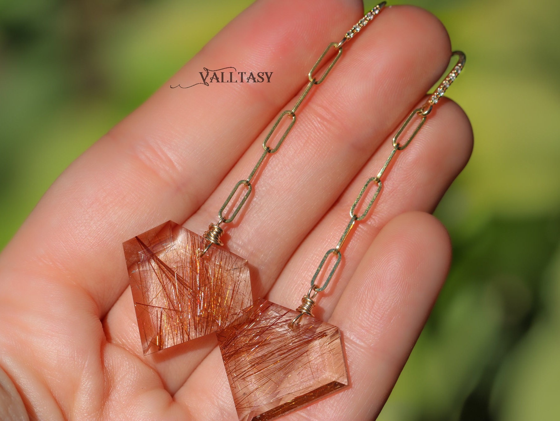 Solid Gold 14K Golden Rutilated Quartz Earrings with Genuine Diamonds, One of a Kind