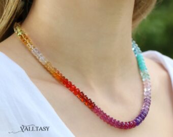 Solid Gold 14K Rainbow Beaded Necklace, Colorful Multi Gemstone Necklace
