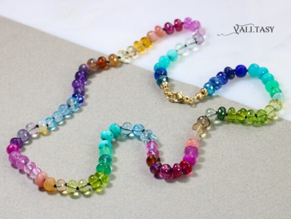 Silk Knotted Rainbow Multi Gemstone Necklace in Gold Filled