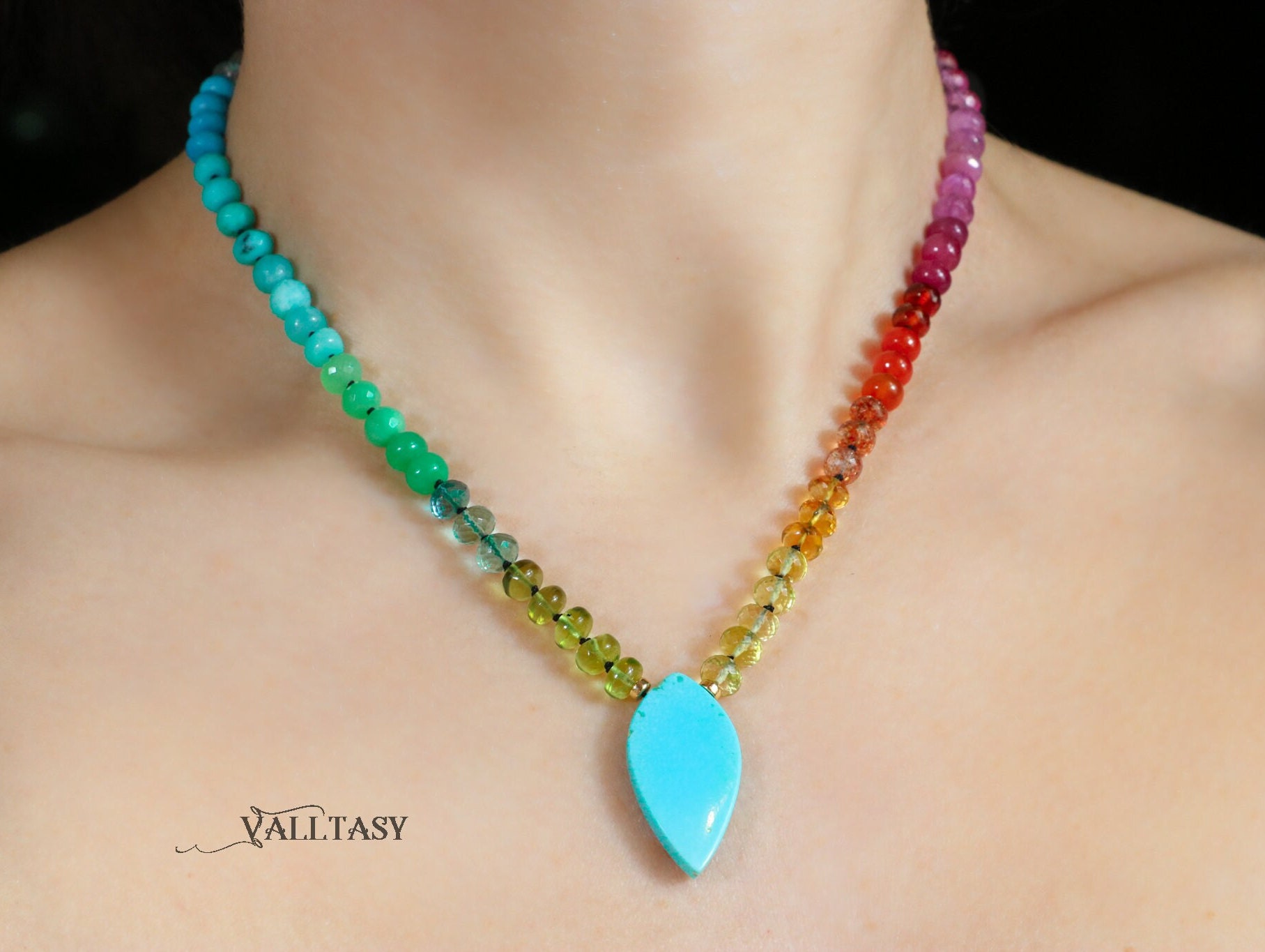 Solid Gold 14K Silk Knotted Rainbow Multi Gemstone Necklace with Arizona Turquoise, One of a Kind