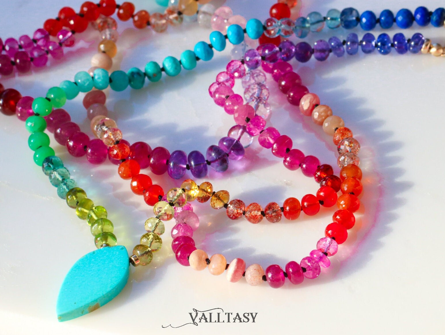 Solid Gold 14K Silk Knotted Rainbow Multi Gemstone Necklace with Arizona Turquoise, One of a Kind