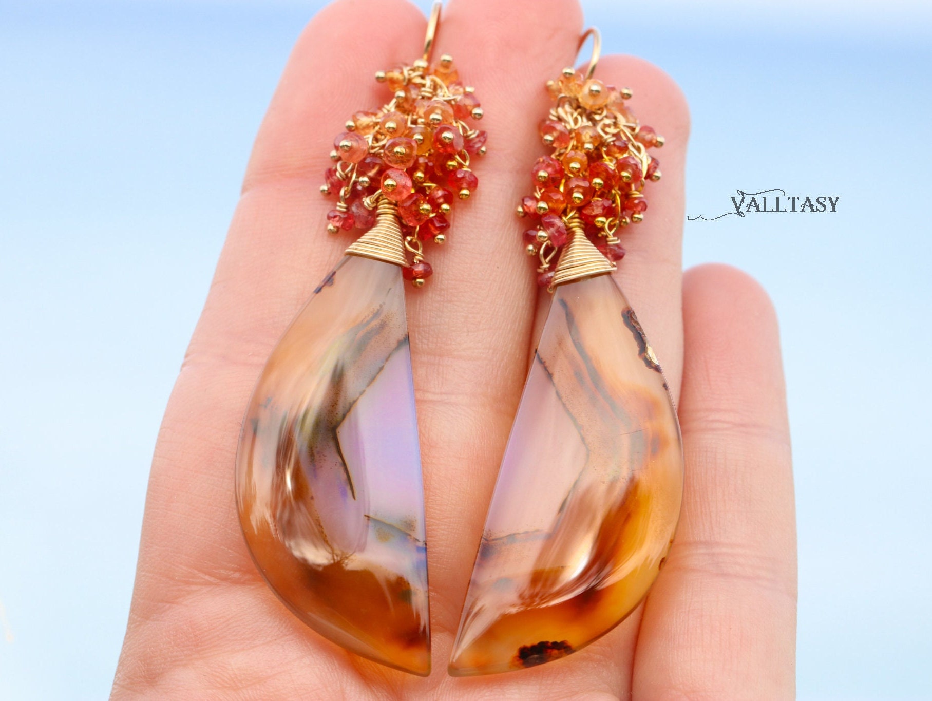 Montana Agate and Padparadscha Sapphire Earrings in Gold Filled, One of a Kind