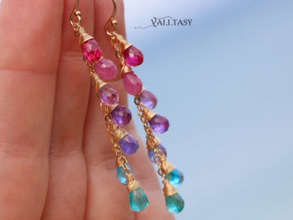 Solid Gold 14K Multi Gemstone Pink Purple Blue Drop Earrings, Linear Gemstone Earrings